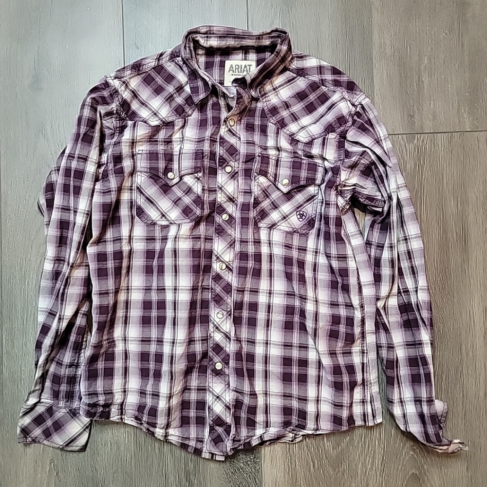 Ariat Retro Fit Flannel Shirt Mens Medium Plaid Pearl Snap Long Sleeve Western